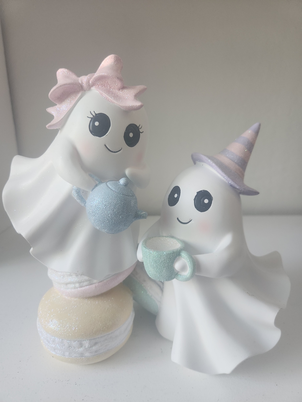 Pastel Ghost Tea Party Figurines - White with Pink, Blue & Mint Macarons